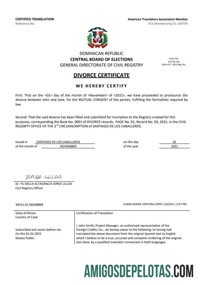 Imprimível modelo de certificado de divórcio da República Dominicana em formato Word