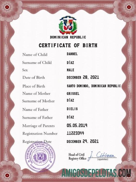 Certidão de nascimento de registro vital da República Dominicana PSD exemplo