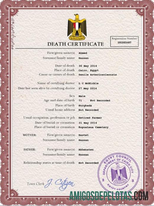 Imprimível modelo PSD de certidão de óbito do Egito