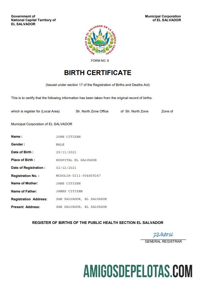 Em branco modelo Word e PDF de certidão de nascimento de registro vital de El Salvador