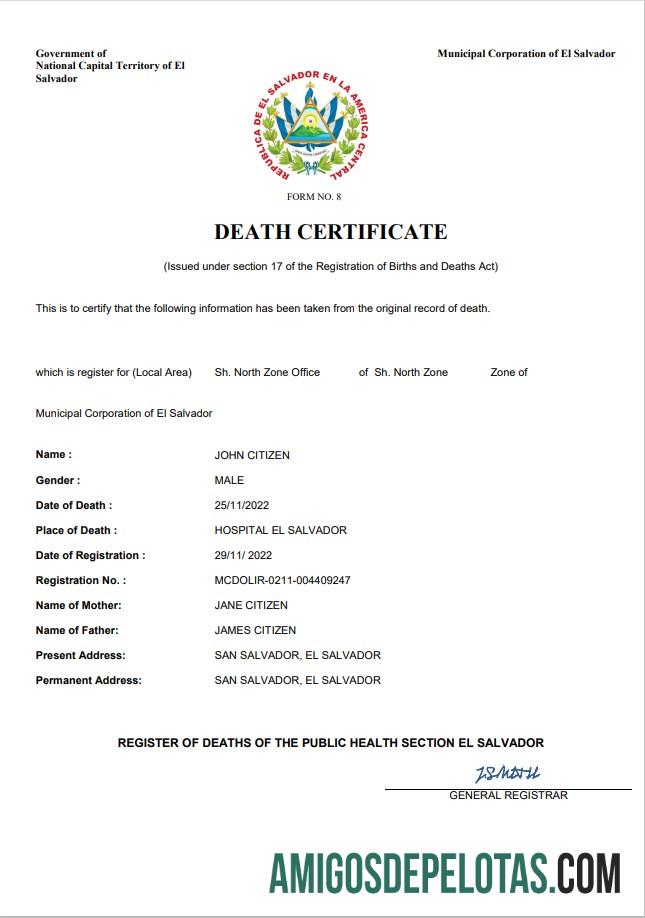 para download Modelo Word e PDF de certidão de óbito de registro vital de El Salvador