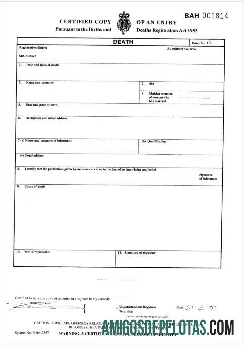 Registro Geral da Inglaterra da Certidão de Óbito de Londres exemplo