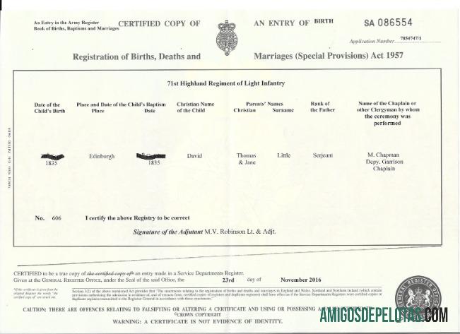 Certidão de nascimento do Cartório Geral da Inglaterra amostra