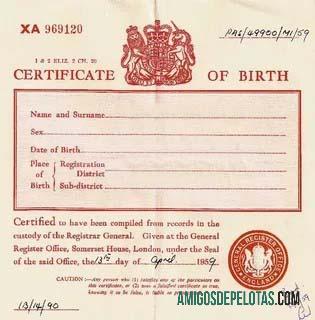 Certidão de nascimento do cartório de registro da Inglaterra amostra