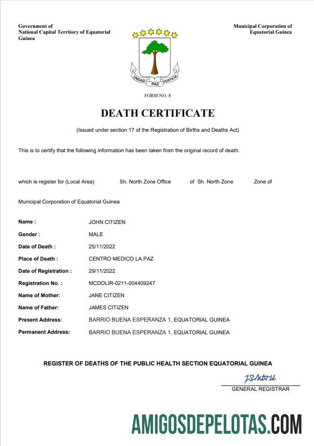 para download Modelo Word e PDF de certidão de óbito da Guiné Equatorial