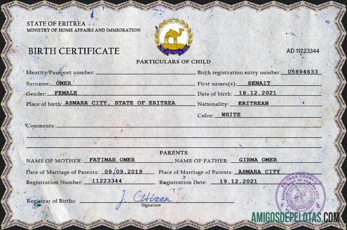 Em branco modelo PSD de certidão de nascimento de registro vital da Eritreia