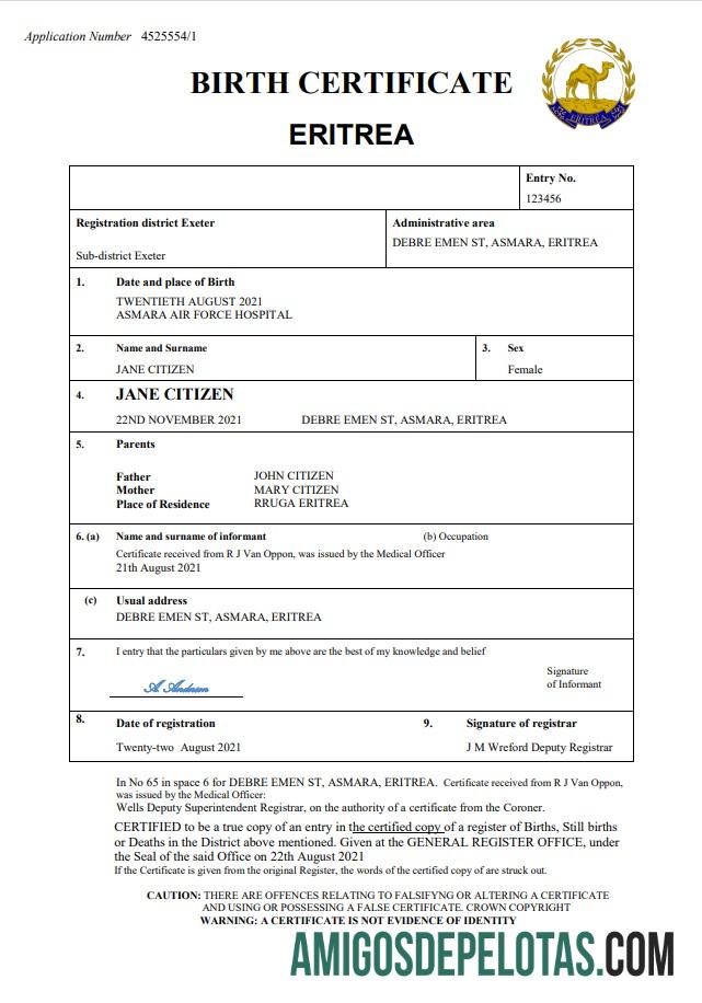 para download Modelo Word e PDF de certidão de nascimento de registro vital da Eritreia