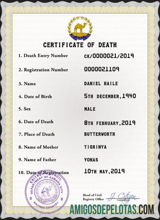 para download Modelo PSD de certidão de óbito de registro vital da Eritreia