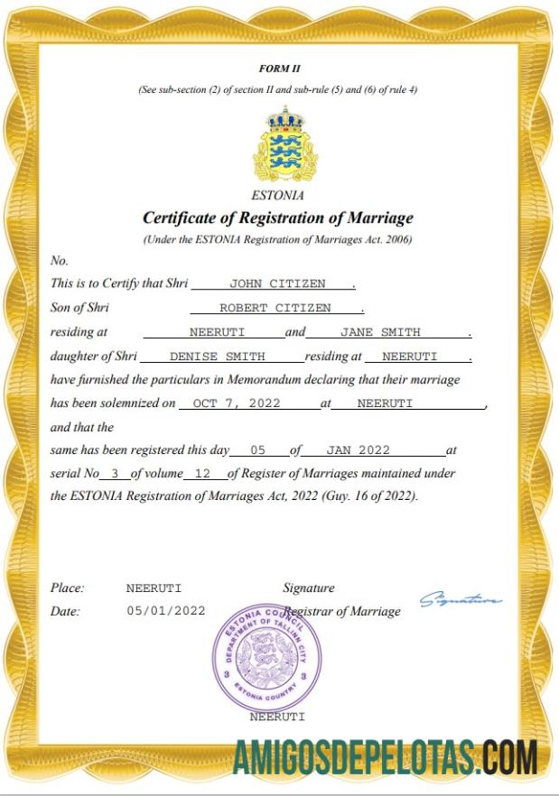 Em branco modelo Word e PDF de certidão de casamento da Estônia