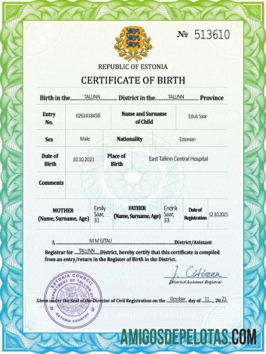 para download Modelo PSD de certidão de nascimento de registro vital da Estônia