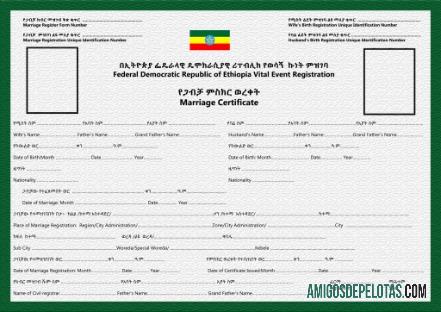 Certidão de casamento do registrador de casamento da Etiópia exemplo real