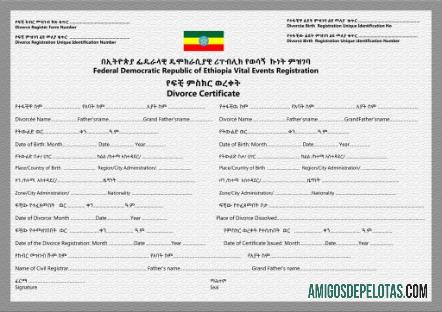 Certidão de divórcio de registro de eventos vitais da Etiópia exemplo
