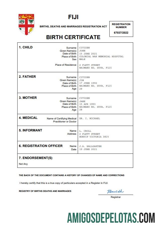 para download Modelo Word e PDF de certidão de nascimento de Fiji