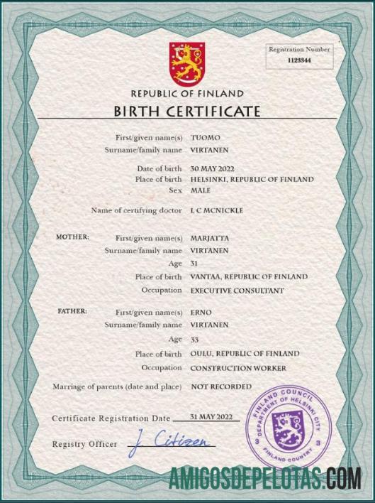 para download Modelo PSD de certidão de nascimento de registro vital da Finlândia