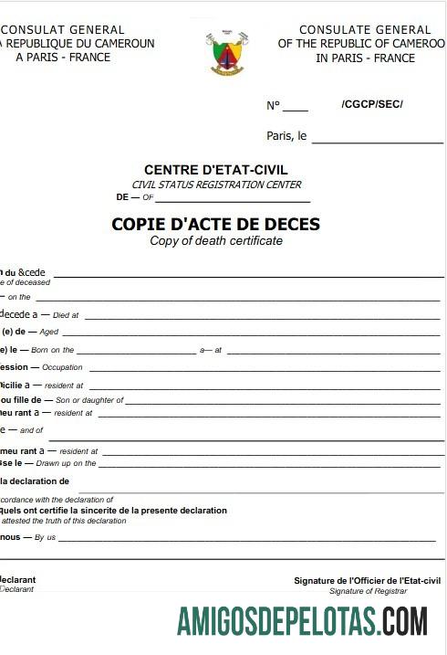 Certidão de Óbito do Registro Geral da França baixar para verificação