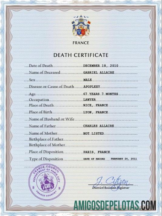 Em branco modelo PSD de certidão de óbito de registro vital da França