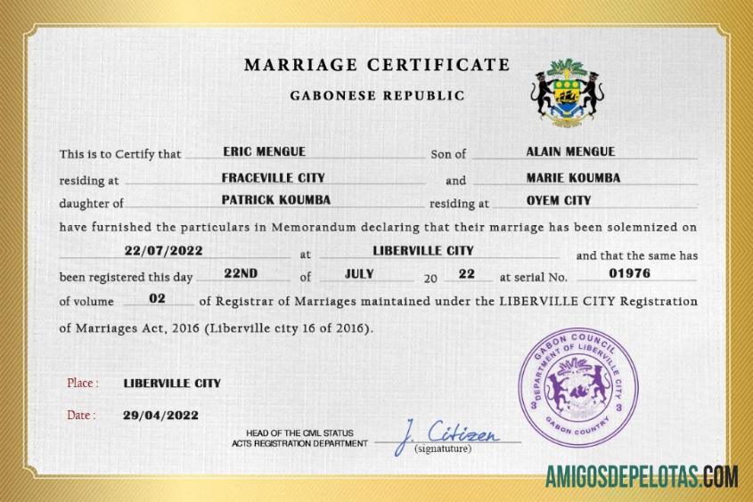 para download Modelo PSD de certidão de casamento do Gabão