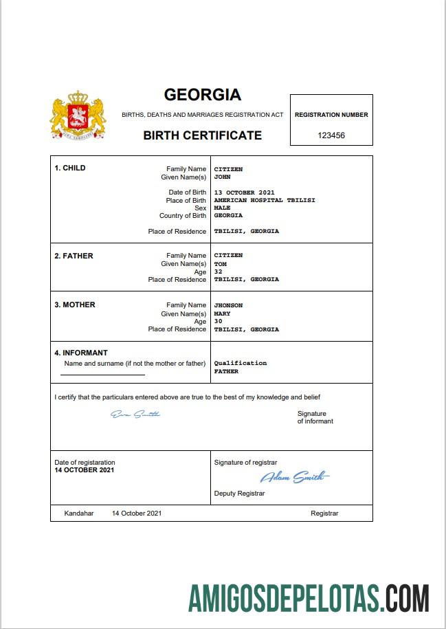 para download Modelo Word e PDF de certidão de nascimento de registro vital da Geórgia