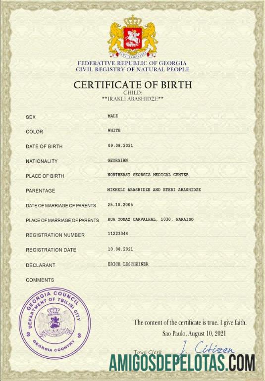 Certidão de nascimento de registro vital da Geórgia exemplo
