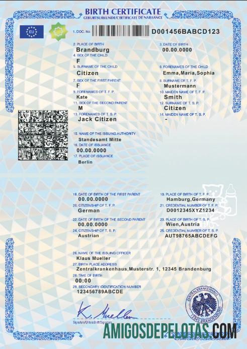 Imprimível modelo de certidão de nascimento da Alemanha em formato PSD