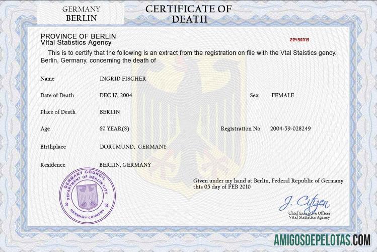 Imprimível modelo PSD de certidão de óbito da Alemanha, totalmente editável