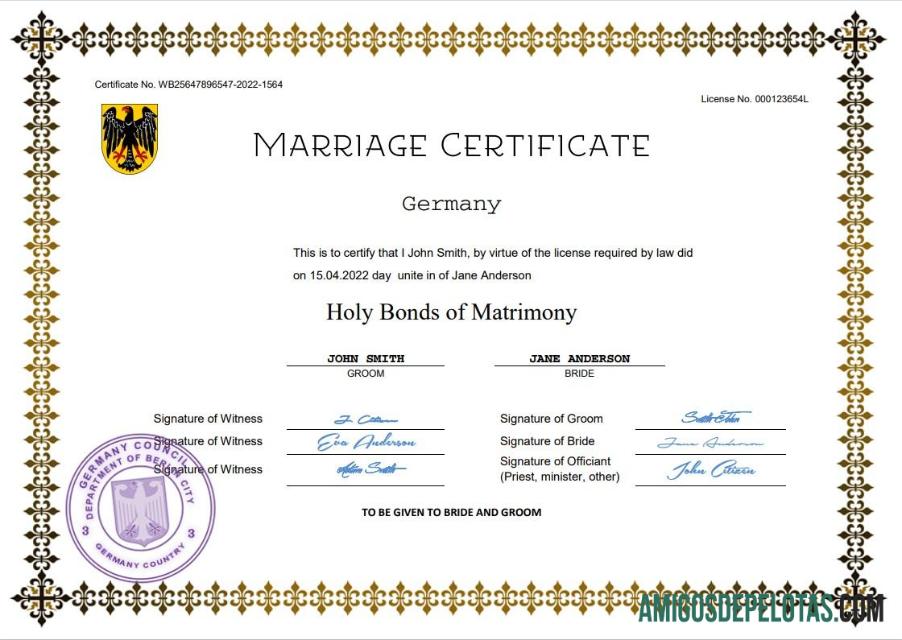 Em branco modelo Word e PDF de certidão de casamento na Alemanha