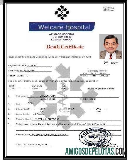 Certidão de Óbito do Hospital Welcare de Gana baixar para verificação