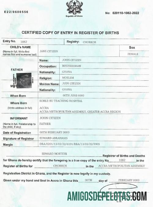 Em branco modelo de certidão de nascimento de Gana em formato PSD