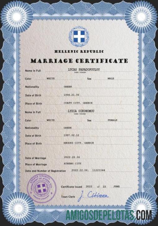 Imprimível modelo PSD de certidão de casamento na Grécia