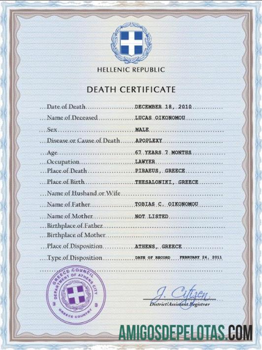Imprimível modelo PSD de certidão de óbito de registro vital da Grécia