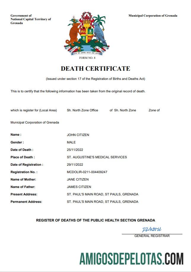 Imprimível modelo Word e PDF de certidão de óbito de registro vital de Granada