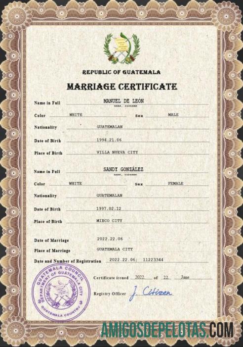 para download Modelo PSD de certidão de casamento da Guatemala