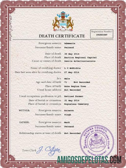 realista Modelo PSD de certidão de óbito de registro vital da Guiana