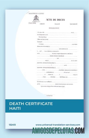 Certidão de Óbito do Ministério da Justiça do Haiti amostra