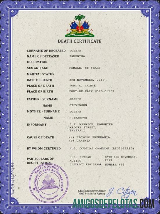 Imprimível modelo PSD de certidão de óbito do Haiti