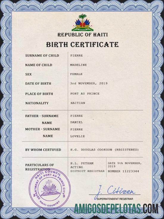 Imprimível modelo PSD de certidão de nascimento de registro vital do Haiti
