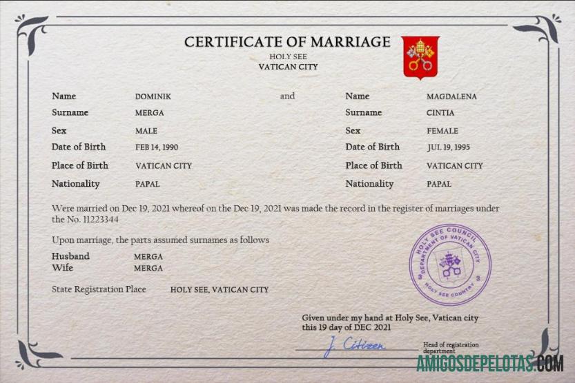 Em branco modelo PSD de certidão de casamento da Santa Sé