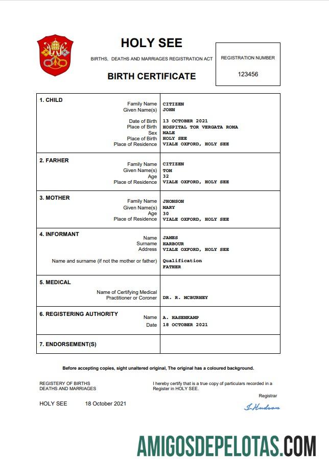 para download Modelo Word e PDF de certidão de nascimento de registro vital da Santa Sé