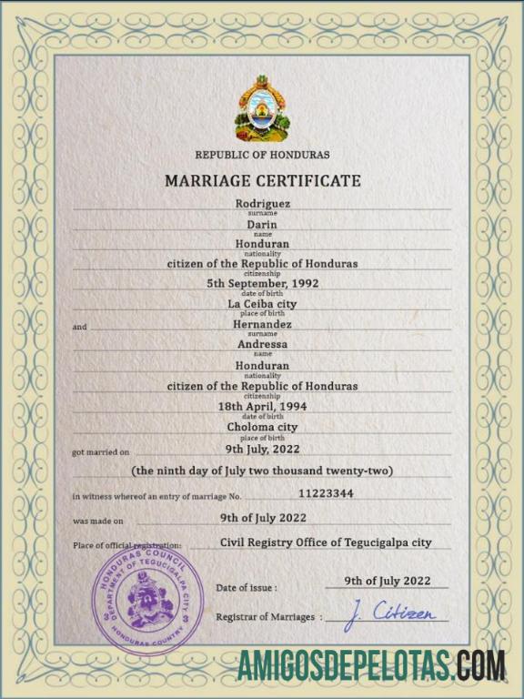 para download Modelo PSD de certidão de casamento de Honduras