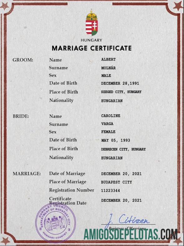 Em branco modelo PSD de certidão de casamento da Hungria