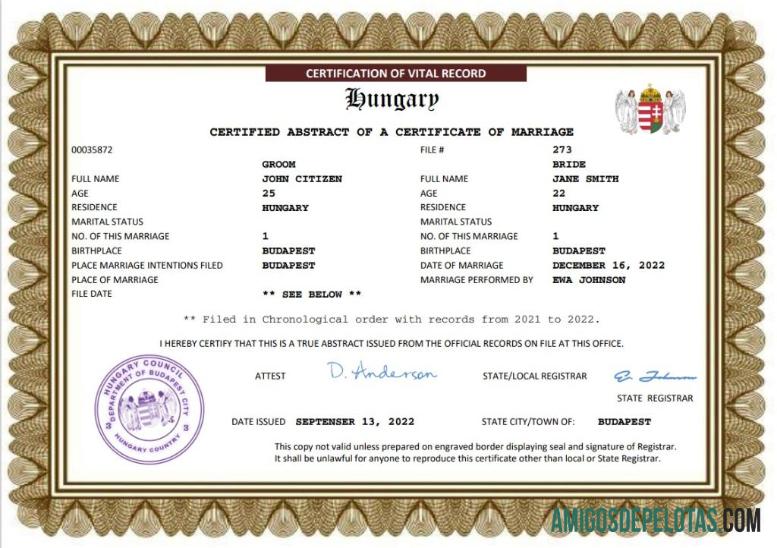 Imprimível modelo Word e PDF de certidão de casamento na Hungria