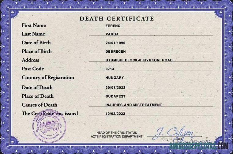 Certidão de Óbito de Registro Vital da Hungria PSD amostra