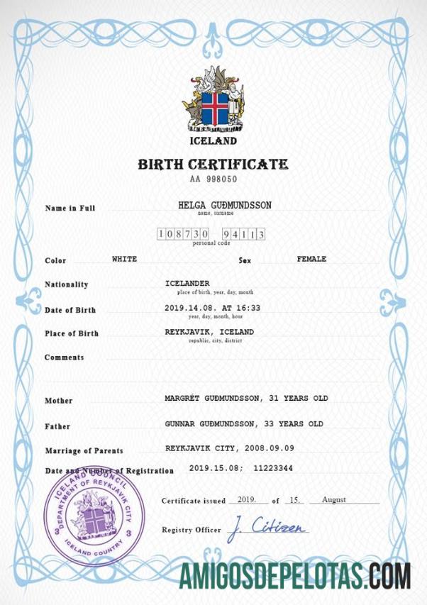 para download Modelo PSD de certidão de nascimento de registro vital da Islândia