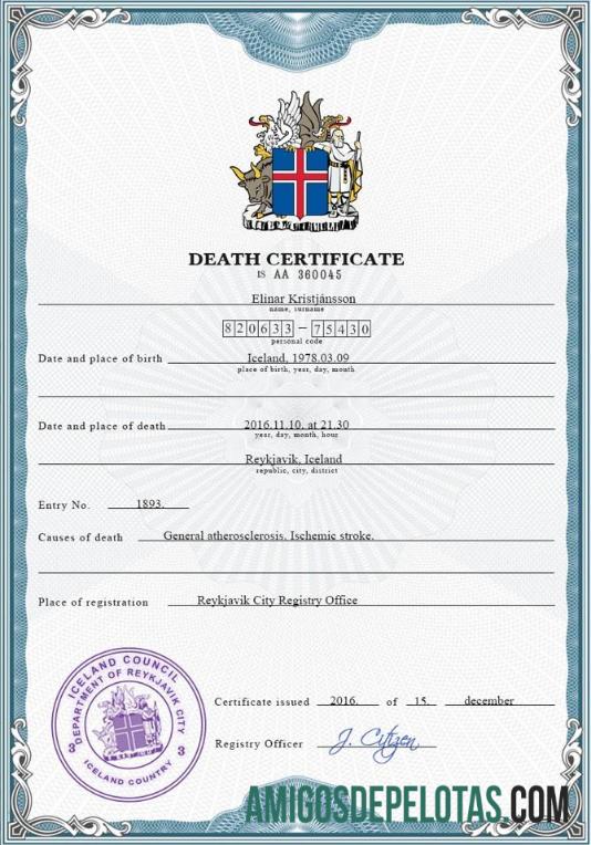 realista Modelo PSD de certidão de óbito de registro vital da Islândia