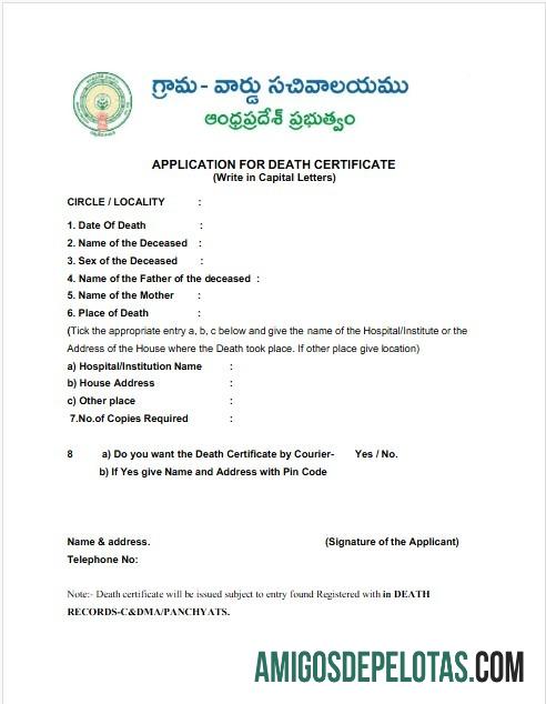 Certidão de óbito do governo da Índia de Andhra Pradesh modelo