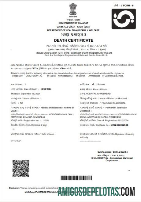 Certidão de Óbito do Governo da Índia de Gujarat baixar para verificação