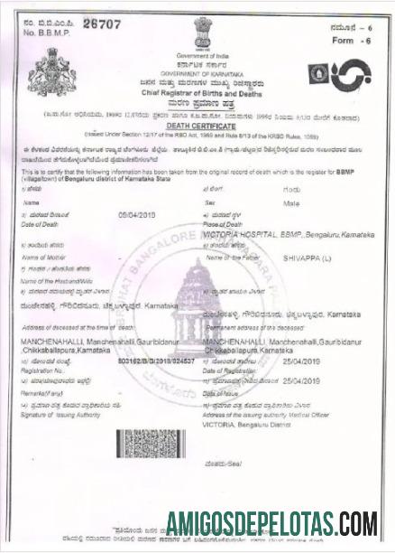 Certidão de óbito do governo da Índia de Karnataka exemplo