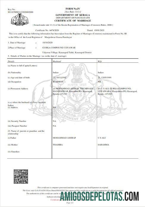 Certidão de Casamento do Governo da Índia de Kerala baixar para verificação