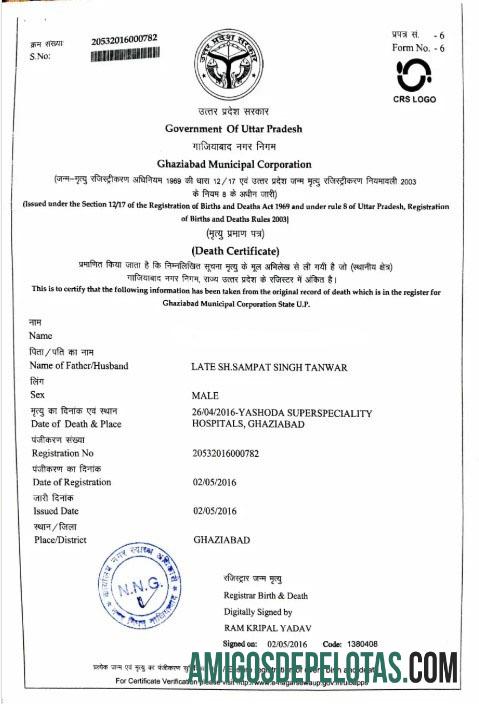 Certidão de óbito do governo da Índia em Uttar Pradesh modelo