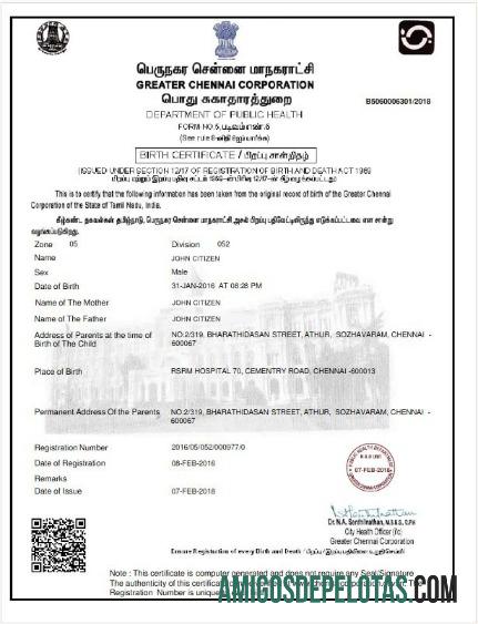 Certidão de nascimento da Índia Greater Chennai Corporation exemplo